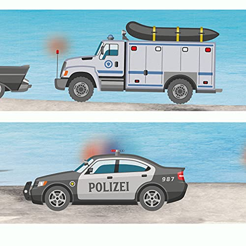 Sunnywall® Wandbordüre Bordüre Polizei Einsatzfahrzeuge Autos einzigartiges Design | Baby- Kinderzimmer Dekoration | hochwertiges Tapetenvlies | 400 x 12 cm
