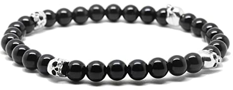 Nato Cuff - 925 Sterling Silber Totenkopf Skull Armband - Onyx Perlen Halbedelsteine ​​- Herren und Damen schmuck Handgefertigt in Frankreich (Large 19cm)