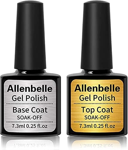 Allenbelle Gel Base and Top Coat Sets, UV LED Shellac Coat, No Wipe Soak Off Polish Set, Long Lasting Shiny High Gloss Finish, 1.0 count, Pack of 2
