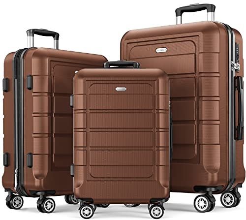 SHOWKOO Kofferset 3 Teilig Hartschale Leicht ABS+PC Erweiterbar Reisekoffer Haltbar Trolley Handgepäck Sets mit TSA Schloss und 4 Rollen (M L XL -Braun)