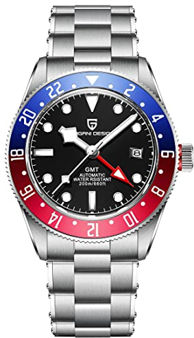 Pagani Design 2022 Herren Saphiruhr Herren Automatikuhr NH35 100M Zubehör Wasserdichtes Armband Mechanische Arbeitsuhr (blau-rotes Zifferblatt)