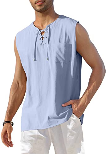 KUYIGO Mens Cotton Linen Vest Sleeveless Henley Lace Up Beach Hippie S-3XL | 70% cotton 30% linen,V neck,lace up,loose fit,sleeveless,lightweight,beach,yoga,viking,medieval,renaissance,summer