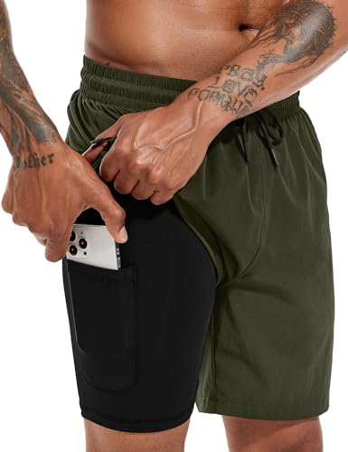 Atforna Badehose Herren Lang Badeshorts mit Kompression Liner Schnelltrocknend Board Shorts mit Reißverschlusstasche Atmungsaktiv Strandshorts für Männer Armeegrün XL