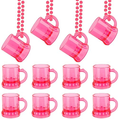 Pink Shot Glass Necklaces, 12PCS 1 Ounce Mini Plastic Shot Glass Necklaces Beer Mug Necklaces Plastic Shot Cup Necklace for Beer Festival Birthday Wedding Supplies Adult Theme Party Decoration