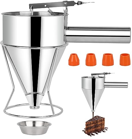 lalago Teigspender Teigportionierer,Pfannkuchen Teigspender Edelstahl,Trichter Kuchenspender Teig Portionier mit Ständer und 4X Trichtern,für Waffeln, Muffin-Mix Bäckerei (1200ml)