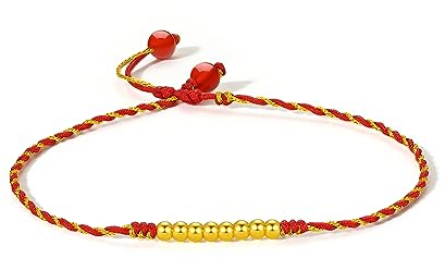 ZHOU LIU FU 24K Gold Fußkettchen Rot Fußschmuck verstellbare 21-25cm Fußspange wasserGold Fußband Gold Beads Rot mit Geschenkox für Damen Mädchen