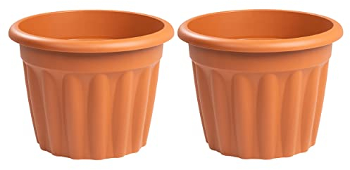 Pack of 2 X 40cm Round Plastic Planter with Drainage Hole, 20L Litre Garden Large Plant Pots Outdoor, Made in UK - Terracotta