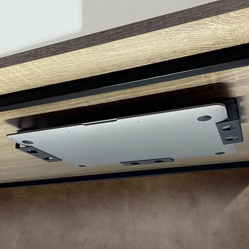 MyGadget Metall Laptop Halterung unter Schreibtisch - [ bis max. 30 mm Dicke ] - mit Silikon Kratzschutz Ablage - ideale Untertischhalterung - Schwarz