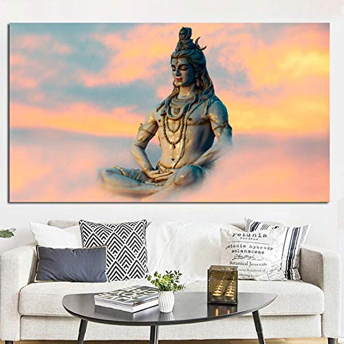 Indische Kunst, religiöse Buddha-Figur, Shiva Lord, Gemälde, Leinwanddruck, psychedelisches Poster, modernes Wandbild, Wohnzimmerdekoration, 80 x 120 cm (31 x 47 Zoll) mit Rahmen