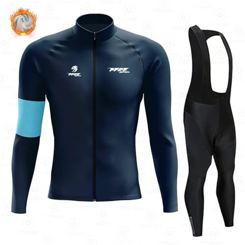 FFFF & OLFEH Maillot Ciclismo Invierno Hombre Manga Larga, Ropa Ciclismo Forro Polar Térmico,Camiseta MTB Ciclo y Pantalones Tirantes con 19D Acolchado de Gel,Jerseys Respirable (XL,A)