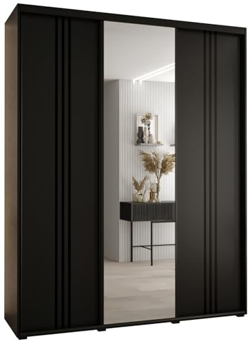 MEBLE KRYSPOL Davos 7 200 Schlafzimmerschrank mit DREI Schiebetüren - Moderner Aufbewahrungsschrank mit Spiegel, Kleiderstange und Regalen - 235,2x200x60 cm - Schwarz Schwarz Schwarz
