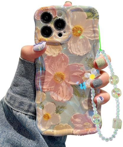 Jusy Oil Painting Flower Compatible with iPhone 11 Pro Max Case, with Bracelet Chain, Colorful Retro Floral Cute Curly Wave Frame Women Girls - Green