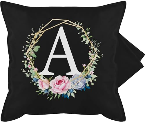 Shirtracer Kissenbezug - Geschenk Initialen - Kissen - Blumenkranz Mit Buchstabe A - 50 x 50 cm - Schwarz - Buchstaben-Kissen Name initial kissenbezüge Buchstaben anfangsbuchstabe anfangsbuchstaben