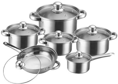 Set de Casseroles en Acier Inoxydable, 12pcs Casseroles et Faitouts Avec Couvercle en Verre Trempé, Batterie de Cuisine Induction, 16cm/18cm/20cm/22cm/24cm/24cm, Cadeau de Pendaison de Crémaillère