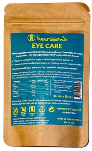 Ivarsson’s Eye Care 30 Stück zuckerfreie Bonbons Augenvitamine I Augenpflege Bonbons speziell für die Erhaltung der Augengesundheit mit Lutein Zeaxanthin Astaxanthin Biotin Vitamin A und Hyaluron