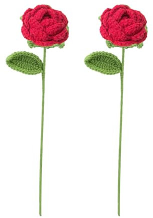 2 Pezzi di Fiori all'Uncinetto, Rose all'Uncinetto, Rose Lavorate a Maglia, Rosa Fatta a Mano all'Uncinetto con Foglie e Stelo Lungo, Fiore Lavorato a Maglia all'Uncinetto per la Decorazione(Rosso)