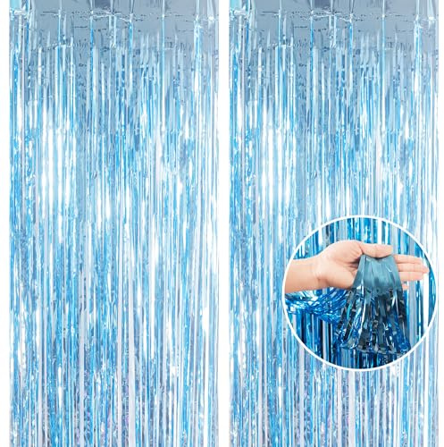 2 Pack Glitter Blue Foil Fringe Curtain 3.2 x 8.3ft Metallic Tinsel Streamer Backdrop Door Curtain, Waterproof Photo Booth Decor for Pool Beach Party,Birthday, School Graduation Party Decorations
