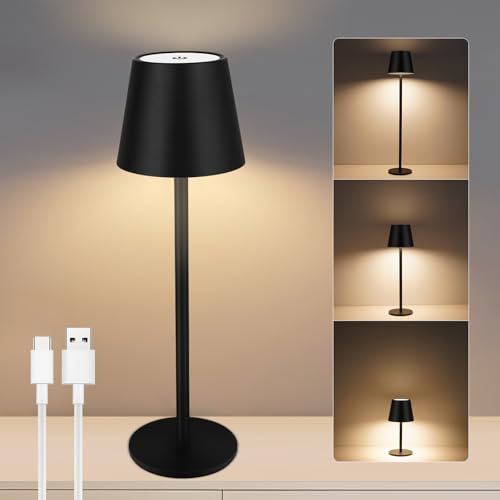 VARICART Lampe de Table Sans Fil à intensité variable, Batterie Rechargeable 5000mAh, Tactile à LED 3 Couleurs Dimmables, avec USB-C, étanchéité IP54 pour l'intérieur et l'extérieur, Chambre(NOIR)