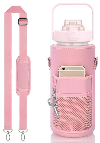 Biiange Water Bottle Sleeves for Water Bottle 64oz Adjustable Shoulder Strap 2000ml, Water Bottle Holder with Phone Pocket and Key Chain for Walking Hiking (1Pack, Pink)