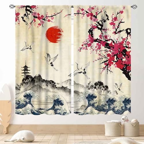 TKUYO Japanische Vorhänge, rosa Pflaumenblüte, Kirschblütenzweig, asiatischer Stil, Tuschemalerei, Landschaft, Kranich, Vögel, bedruckt, Fenstervorhänge, Behandlungen für Schlafzimmer, Wohnzimmer,