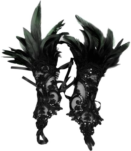 ZoneYan Damen Schwarz Feder Spitze Fingerlose Lange Handschuhe, Damen Fingerlos Spitze Handschuhe,Damen Vintage Spitzenhandschuhe mit Feder für Cosplay Hochzeit Halloween Party