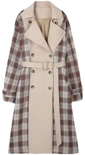 Trench-coat patchwork à carreaux pour femme style britannique à manches longues avec revers noué décontracté, Trench kaki, L