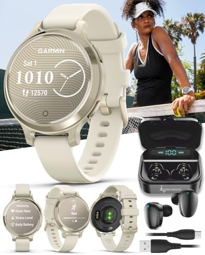 Wearable4U Garmin Lily 2 Active, Lunar Gold with Bone Silicone Band, Small and Stylish Smartwatch, Built-in GPS, Hidden Display, Patterned Lens, Up to 9 Days Battery Life Black Earbuds Bundle