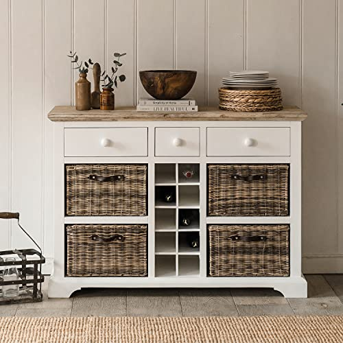 Florence Sideboard with 3 Drawers, 4 Storage Baskets, Wine Rack | W120 H85 D42 cm | Acacia Wood Top, Fully Assembled Kitchen Dining Furniture (white)