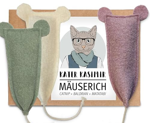 3 XL Spielmäuse mit Katzenminze-, Baldrian- und Matatabi-Füllung. Aus Reiner Schurwolle. Liebevolle deutsche Handarbeit