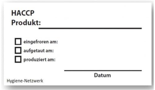 Wasserlösliche Etiketten HACCP. Ideal für Gastronomie und Großküchen. Selbstklebend und rückstandslos auflösbar. 500 Label auf Rolle im Spender. Größe 70 x 35mm