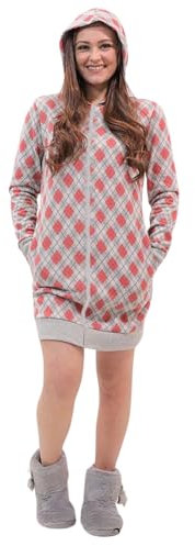 Leo Corsetteria Vestaglia per donna pile calda giovane invernale collo alto bottoni Cappuccio tasche fantasia Rombi Rosso Misura L