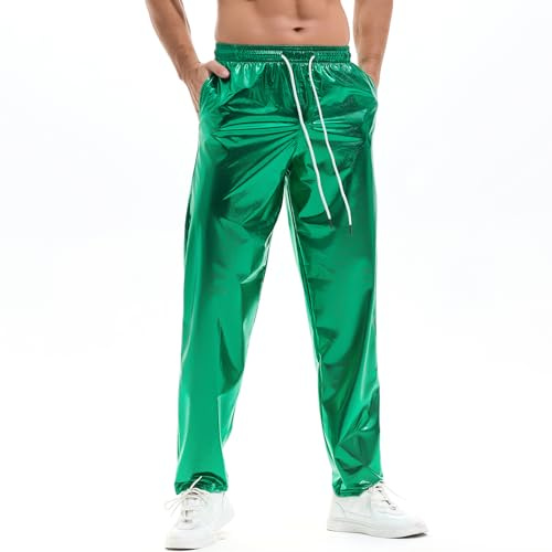 Amy Coulee Mens Metallic Trousers Disco Rave Sparkly Pants with Pockets | Lightweight Stretch Reflective Fabric, Elastic Waist and Drawstring, Loose Fit, Straight Leg, Nightclub Party Wear
