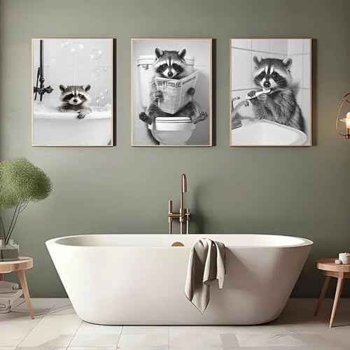 Herfair 3er Set Badezimmer Deko Bilder, Schwarz-Weiße Waschbär Badezimmer Wandkunst, lustiges Waschbär Tier Leinwand, Wanddeko Bilder Wohnzimmer Deko Schlafzimmer,ohne Rahmen (30x40cm)