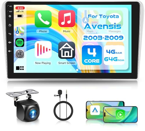 Rimoody 4G+64G Android Radio Coche para Toyota Avensis 2002-2009 9'' Pantalla con Carplay Android Auto Inalámbrico Navegación GPS Mirror Link Bluetooth WiFi/FM/RDS/EQ/SWC Cámara Trasera