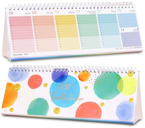 Tischkalender 2027 - Wochenplaner 2027 mit 1 Woche 2 Seiten von Januar 2027 bis Dezember 2027, 29,5 x 10,5 cm, Colorful Bubbles