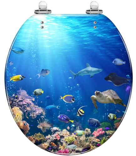 Tropical Fish Coral Reef Toilet Seat - Underwater Scene Resin Lid with Quiet Close & Quick Release Hinges Easy to Clean Decorative Bathroom Accessory
