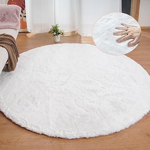 ORINOVA White Shag Round Rugs 240cm for Dining Room Table Faux Bunny Machine Washable Fur Area Rugs for Bedroom Living Room Nursery Circle Rug