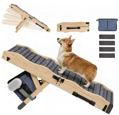 2026 Upgraded Small Dog Ramp for Couch Foldable, 5 Ajustable Height | Height from 9.8 to 20.5, Portable Stable Pet Steps with Non-Slip Pad, Pet Ramps Use for Sofa Couch Stairs, Wood