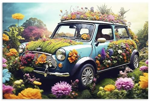 ARTLAND Wanddeko Wandbild Alu Verbundplatte für Innen & Outdoor Bild 90x60 cm aesthetic room decor Blumen Auto Mini Cooper Flower Power U5QH