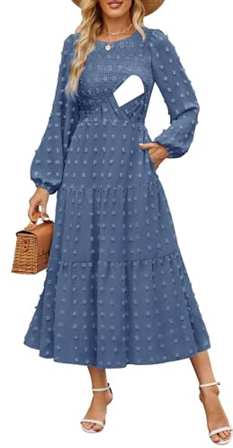 CzzzyL Women's Nursing Dresses Fall Boho Floral Maxi Dress Breastfeeding Long Sleeve Crewneck Wedding Guest with Pockets, Blue, L