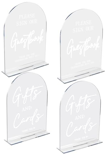 4PCS Acrylic Wedding Signs for Reception, 2-PCS 5x7 Inch Clear Acrylic Guest Book Sign, 2-PCS 5x7 Inch Cards and Gifts Sign with Stand for Wedding Ceremony