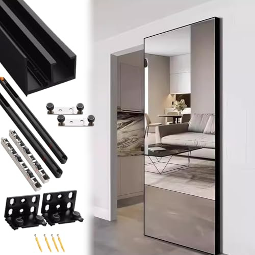 Minglez Kit Porte Coulissante Rail de Porte Coulissante Noir Miroir, Longueurs Disponibles : 91 61 81 102 122 86 122 152 cm, Rail de Porte Coulissante Invisible, Dissimulé(91cm/35.8in)