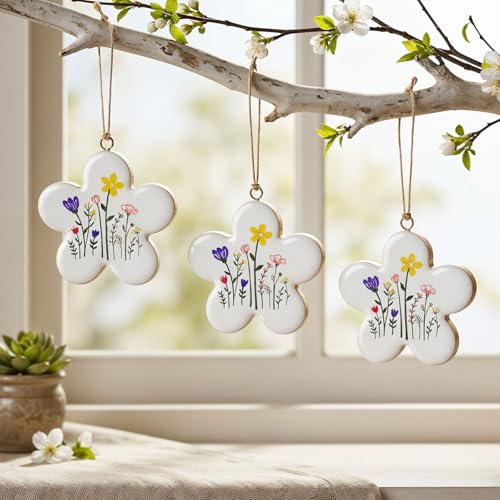 levandeo 3er Set Deko Anhänger Blumen Bambus Blumenmuster Frühling Ostern Wanddeko Osterstrauch Osterdeko Hängedeko