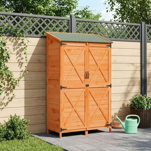 Ziaphsol Capanno da giardino marrone, 106 x 56 x 176,5 cm, in legno massello di abete con tetto in asfalto, porta di ventilazione e spazio per attrezzi, bicicletta e barbecue