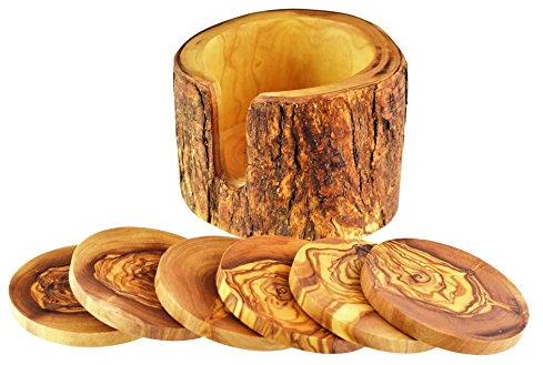 Olive Wood Rustikale Untersetzer, 6 Stück, Holz, Maserung/Natur, 8 Centimeters cm, 6