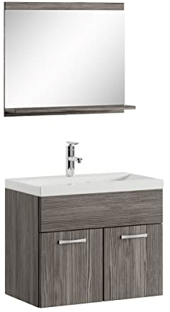 Badplaats B.V. Badezimmer Badmöbel Set Montreal 02 60cm Waschbecken Grau Eiche - Unterschrank Waschtisch Spiegel Möbel