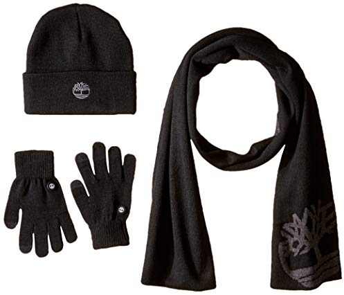 Timberland Men's Double Layer Scarf, Cuffed Beanie & Magic Glove Gift Set Winter Accessory, Black, One Size