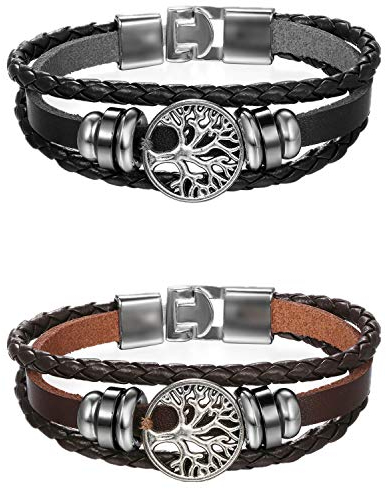 Flongo Herrenarmband Männer Frauen Armband Damen Lederarmband, 2 Stück Metall Leder Armband Armreif Geflochten Lederband Baum des Lebens Tree of Life Schwarz Braun Surfer Wickelarmband
