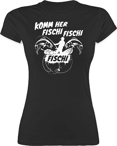 Shirt Damen - Angler Geschenke & Angeln Zubehör - Komm her Fischi - S - Schwarz - angelgeschenk spruchshirts sprüche Fisch t-Shirts angelbekleidung Spruchshirt Spruch Fische Tshirt Frau