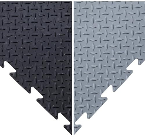 BiGDUG Interlocking Vinyl Garage Floor Tile - Single Garage Flooring Set - 3m x 6m (193 sq ft) - Ramped Edges - Black & Grey Checker Plate